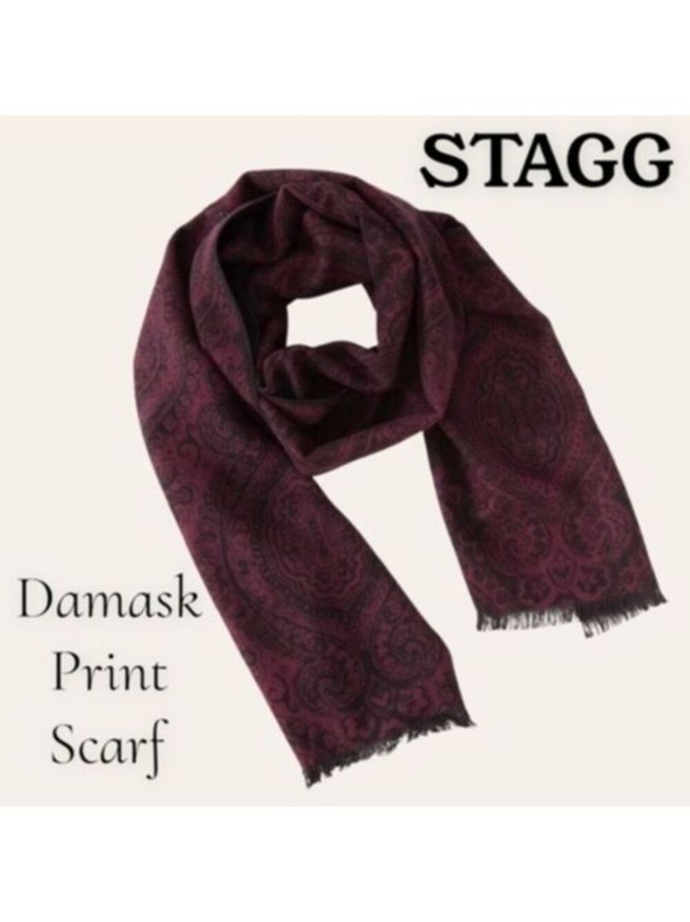 STAGG 70”L Damask Print Burgundy & Brown Viscose Raw Hems Scarf/Wrap NWT